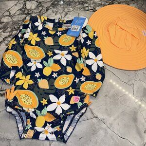 RuffleButts Toddler Girls 2T Papaya Lemon Orange Navy Long Sleeve Swimsuit Hat